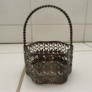 Vintage Silver Plated Small Ornate Trinket Basket W/ Rose Decorated Handle